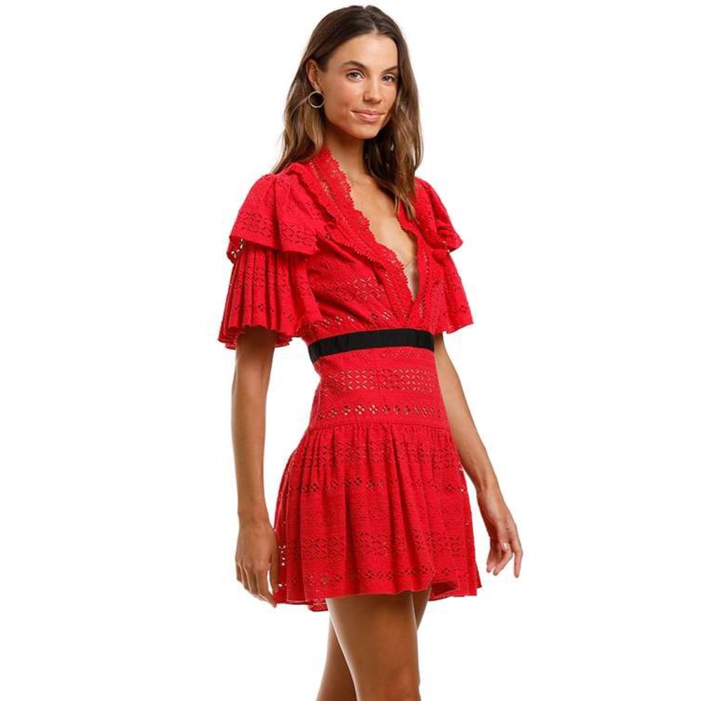 Self Portrait Broderie Anglaise Short Dress Red Size 8